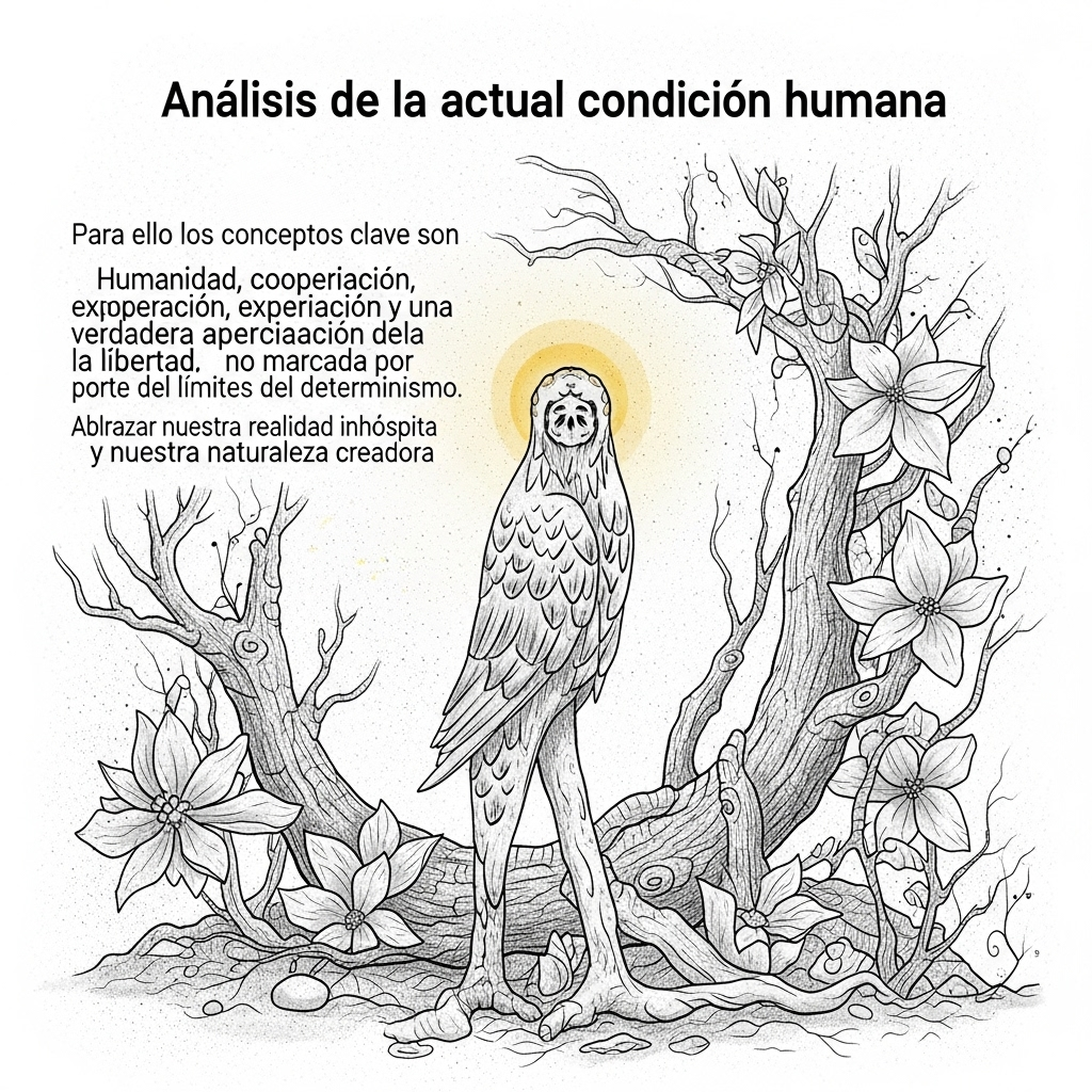 Los conceptos clave son humanidad, cooperación, experiencia directa y una verdadera apreciación de la libertad, no marcada por los límites del determinismo. Abrazar nuestra realidad inhóspita y nuestra naturaleza creadora. En un mundo lleno de crisis, ansiedad, egoísmo, catástrofes y sufrimiento, se precisa una actitud crítica hacia la desesperanza y el “sufrimiento autoinducido”, buscando la posibilidad de vivir plenamente, a pesar de la inminencia de la muerte individual.